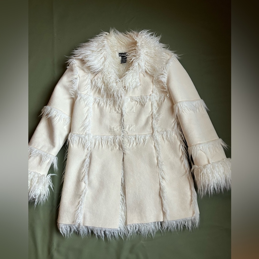 Bebe Y2K Cream Faux Suede Afghan Penny Lane Coat Shearling Trim Size S
